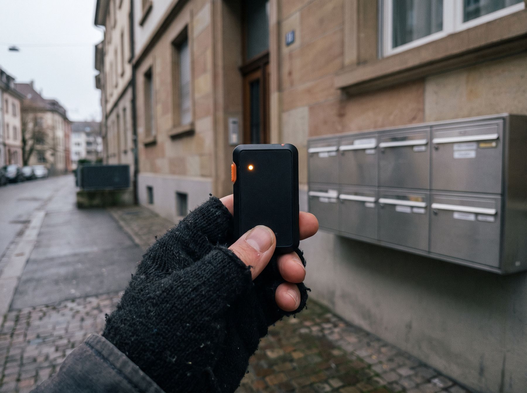 Hand hält ein GPS-Aufzeichnungsgerät vor einer Basler Strasse