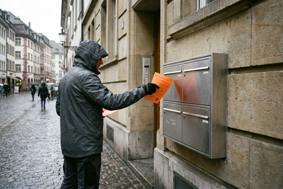 Verteiler im Regen schiebt einen Flyer in eine Briefkastenanlage